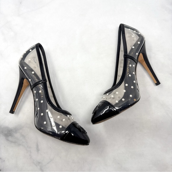 CHANEL Vintage CC Coco Mark Pearl Polka Dot Clear Transparent Pumps Heels 35.5 - Picture 5 of 16